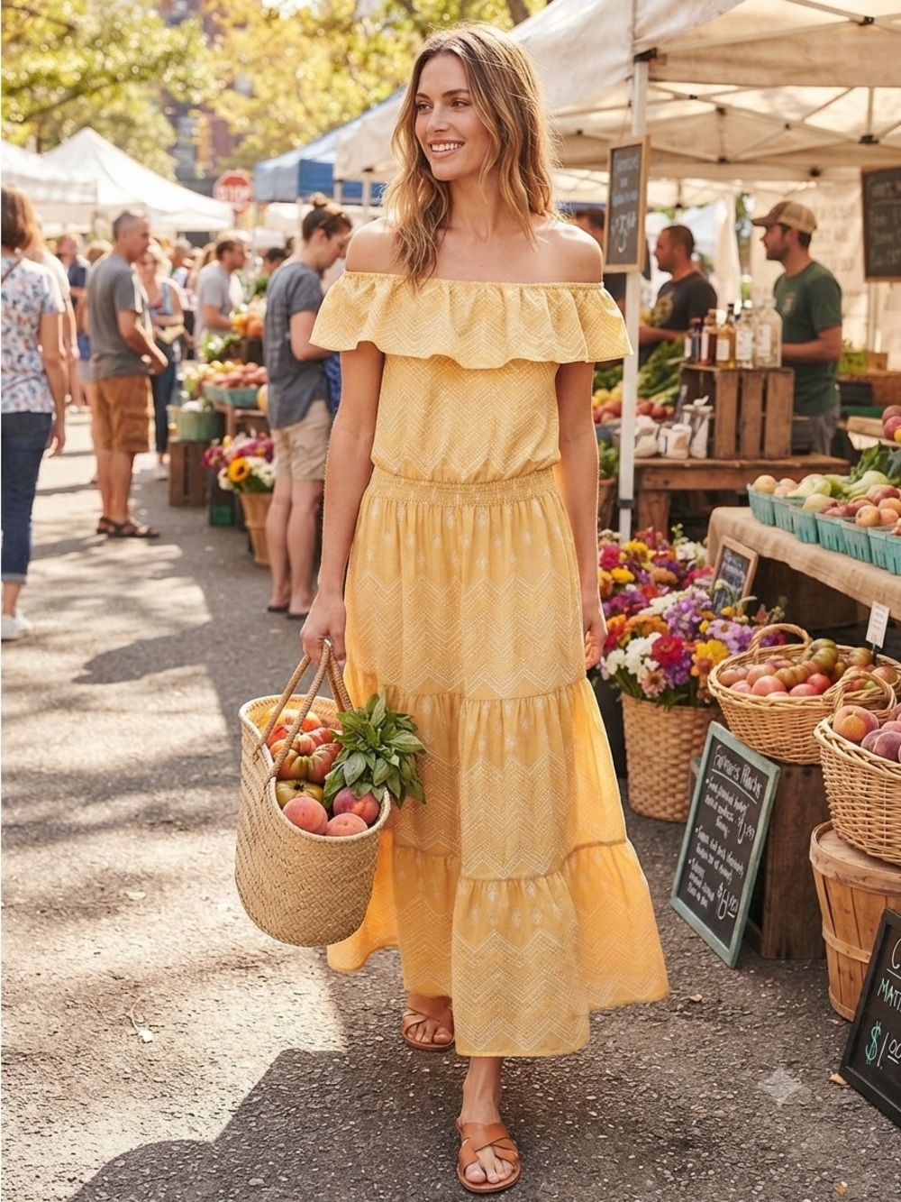 Destination 365 Yellow Ruffle-Tiered Casual Cotton Maxi Sun Dress Off Shoulder